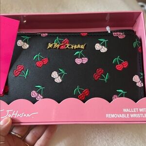 Betsey Johnson Black Wristlet Wallet with Cherry Embroidery with gift box